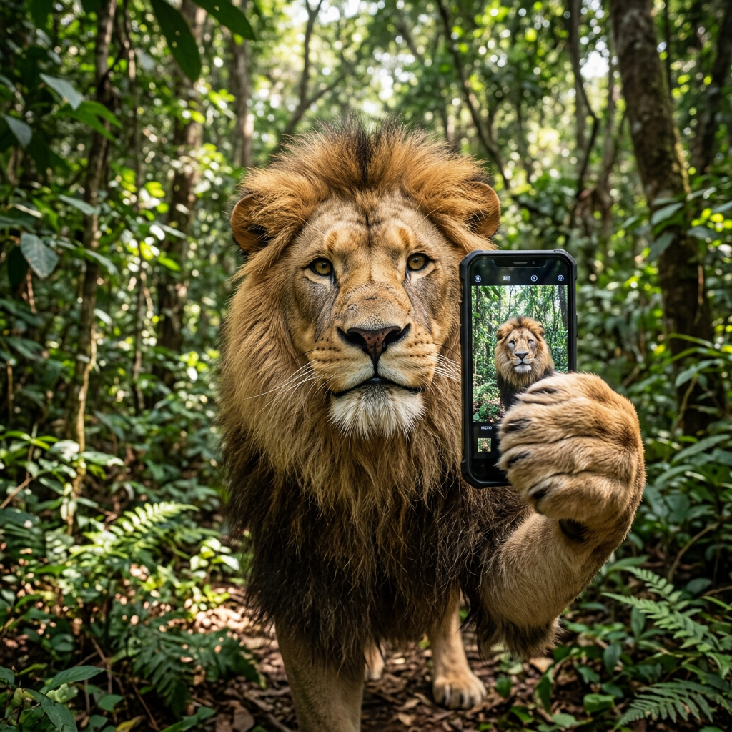 lion is taking selfie in the forest