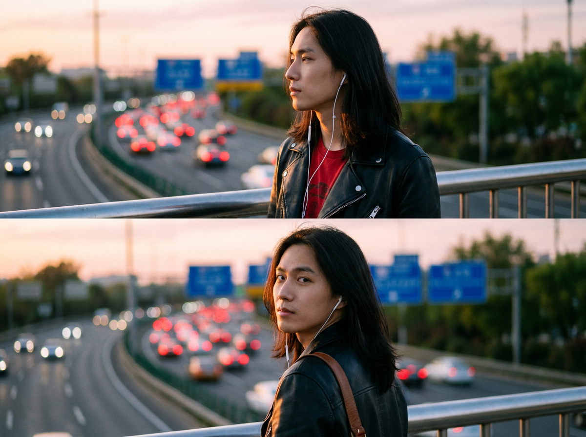 A cinematic two‑panel vertical image: the top half and bottom half show the same person on an overpass above a busy multilane highway at sunset. Both panels have a shallow depth of field with creamy bokeh car lights in the background. Top panel: A medium close‑up of a single person from chest upward, standing on a pedestrian bridge overlooking a curving highway. The person is placed slightly to the right of center, facing left in profile, eyes looking ahead with a thoughtful, distant expression. Long, straight, dark hair falls over the shoulders. The person wears a black leather jacket over a red inner layer, and white wired earphones with the cable hanging down from both ears. The warm, low sunset light softly illuminates the side of the face and hair, giving a gentle golden rim light, while the opposite side stays slightly in shadow. Background: an elevated highway receding into the distance, curving left, filled with moving cars. The cars’ headlights and taillights are out of focus, forming red and white circular bokeh. Distant blue highway signs and greenish trees are blurred, with the sky in a soft pale pink‑orange dusk tone. Bottom panel: A very similar scene and framing, but the person is now turned more toward the camera, about three‑quarters view, looking back over the shoulder directly at the viewer with a calm, slightly curious gaze. The expression is gentle and introspective. The same long dark hair, black leather jacket, and white wired earphones are present, but now a brown shoulder bag strap is visible over the jacket on the outer shoulder closest to the camera. Lighting is still warm sunset light, softly touching the face and hair edges. Background: the same highway and overpass setting, again blurred. The road curves away into the distance with cars creating white and red light bokeh. Large blue highway signs appear in the distance, out of focus. Trees and buildings form a soft, indistinct backdrop, and the sky remains in a pastel dusk gradient. Overall style: high‑resolution realistic photography, golden hour/sunset lighting, shallow depth of field, smooth bokeh, slightly melancholic and peaceful mood. Vertical composition split into two equal landscape‑style frames, top and bottom, each focused sharply on the person with identical background location and color palette of blacks, reds, warm skin tones, blue signs, and soft sunset sky.