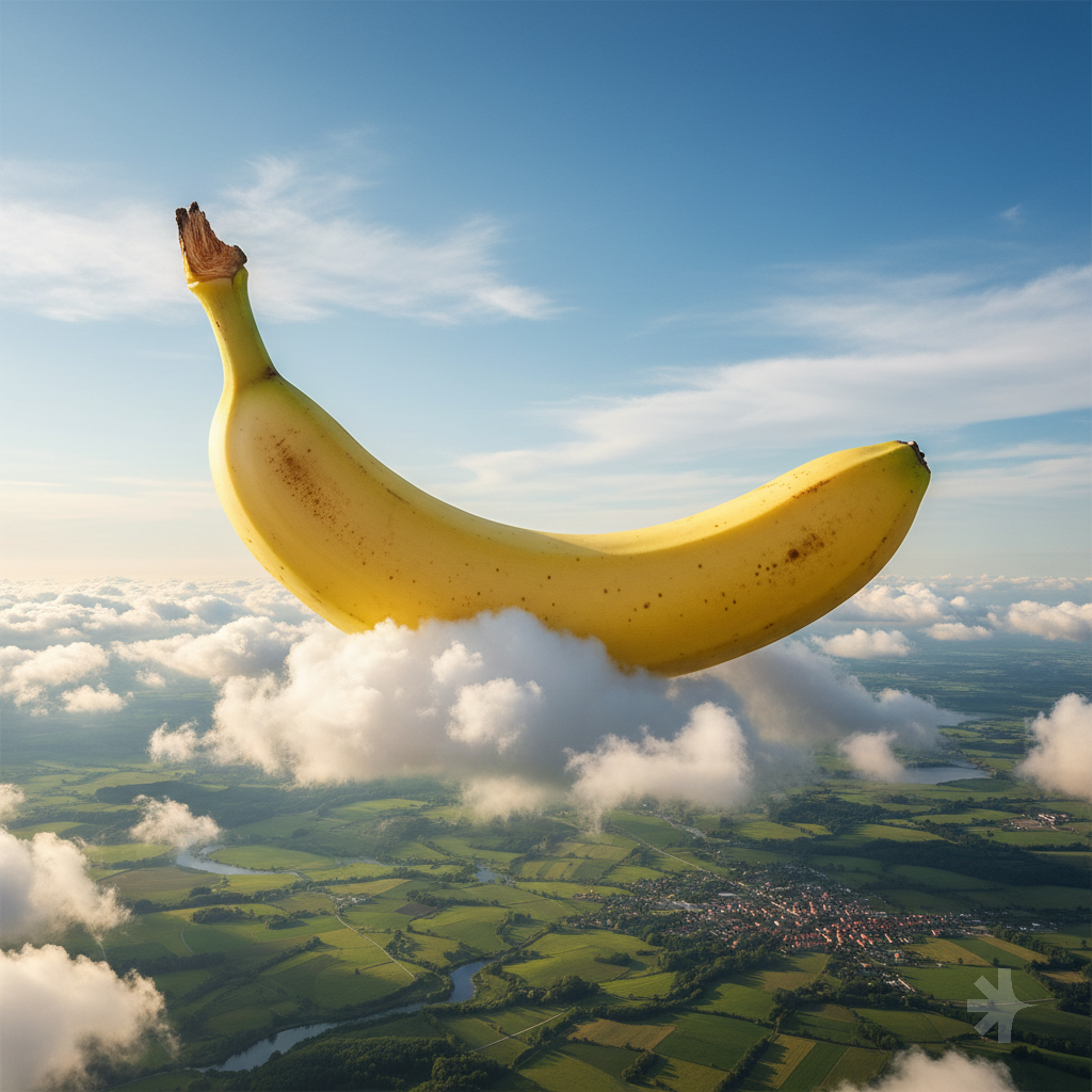 a large banana is floating in the sky