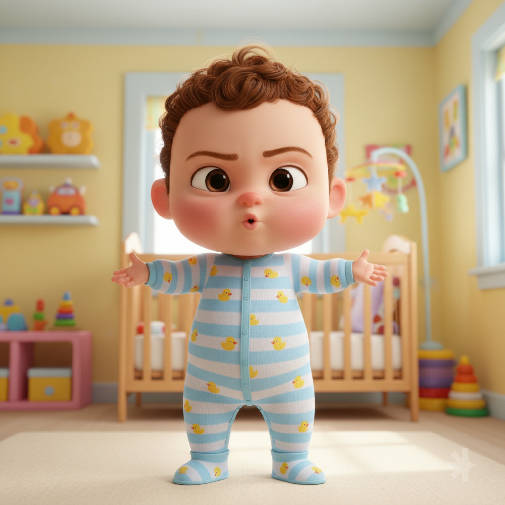 A 3D animated baby character standing in the exact same position as the original image. The baby keeps the same shape, proportions, clothing, and appearance throughout the entire scene. The camera is completely locked off with no movement, no zoom, no panning, and no rotation. The background remains unchanged. The baby speaks in an angry but funny comedic tone, with expressive facial emotions, slightly raised eyebrows, and playful gestures while staying in place: " I just arrived in this world, and now I need to teach my parents all of my rules! " The baby then gives a funny smug smile and a short playful chuckle. Natural mouth synchronization, realistic facial animation, high-quality Pixar-style 3D rendering, cinematic lighting, detailed skin textures, smooth animation, family-friendly humor. Constraints: - Camera must not move at all. - Character must not change shape or transform. - No scene changes. - No additional characters. - Preserve the original composition. - Only facial expressions and subtle body movements are allowed. - High-quality 3D animation.