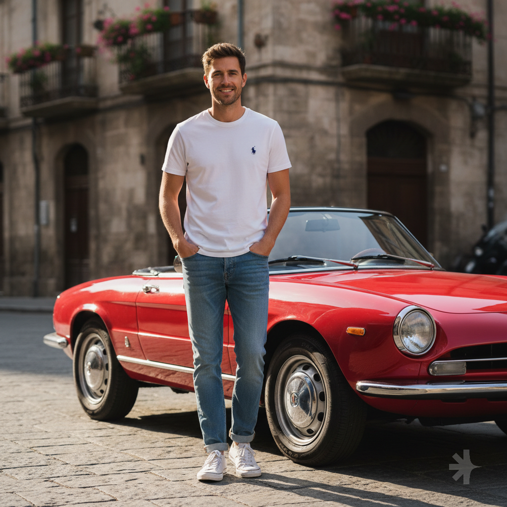 I stood next to this car, wearing a white T-shirt from the Polo brand, light blue pants and white shoes, keep the two pictures accurate and make them right as much as possible