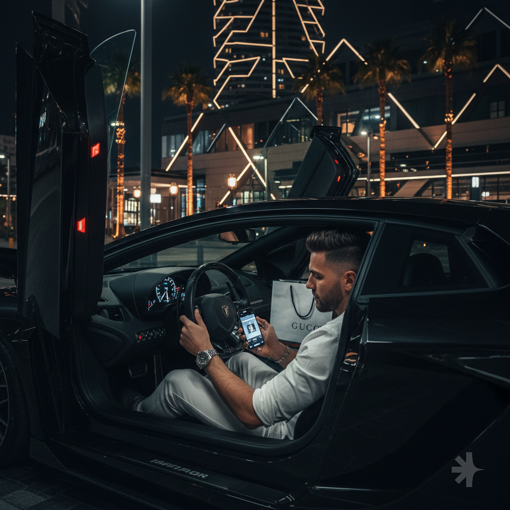 @٠: A hyper-realistic, cinematic, eye-level POV shot from inside a Lamborghini Aventador SVJ with the scissor doors open. A man with a modern haircut is sitting in the driver's seat, one hand on the Alcantara steering wheel wearing a luxury silver watch, and the other hand holding a smartphone. In the passenger seat, there are large luxury shopping bags from Dior and Gucci. The car is parked at a high-end valet at night, with a modern hotel and palm trees in the background under warm city lights. Dramatic lighting, 8k resolution, high contrast.Key Elements of the Image: Car: The interior is characteristic of a Lamborghini Aventador SVJ, specifically with its unique center console and steering wheel design. Setting: A luxury hotel valet area at night, likely in a city like Dubai, indicated by the background architecture and palm trees. Accessories: Luxury shopping bags and a high-end stainless steel watch add to the "luxury lifestyle" theme