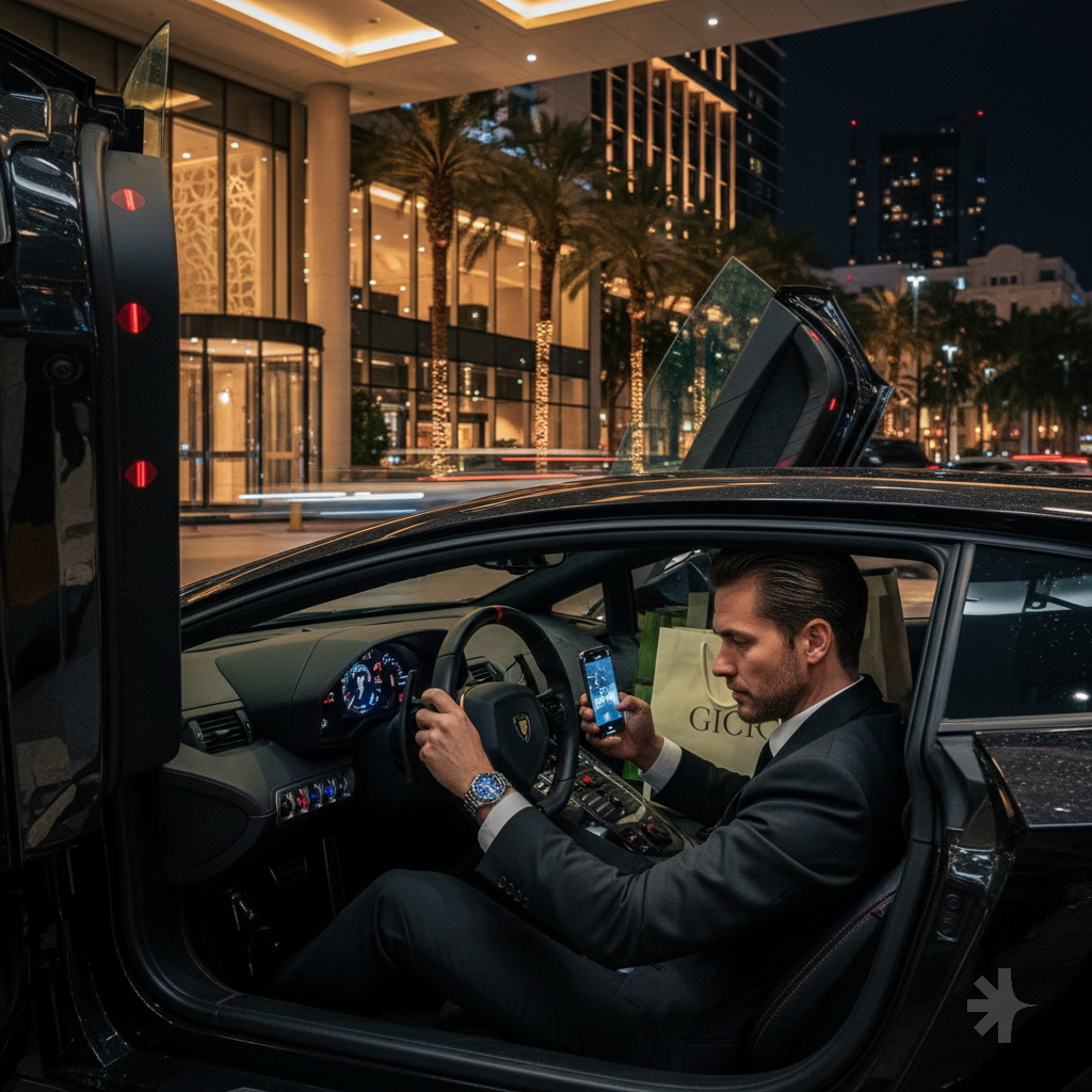 @٠: A hyper-realistic, cinematic, eye-level POV shot from inside a Lamborghini Aventador SVJ with the scissor doors open. A man with a modern haircut is sitting in the driver's seat, one hand on the Alcantara steering wheel wearing a luxury silver watch, and the other hand holding a smartphone. In the passenger seat, there are large luxury shopping bags from Dior and Gucci. The car is parked at a high-end valet at night, with a modern hotel and palm trees in the background under warm city lights. Dramatic lighting, 8k resolution, high contrast.Key Elements of the Image: Car: The interior is characteristic of a Lamborghini Aventador SVJ, specifically with its unique center console and steering wheel design. Setting: A luxury hotel valet area at night, likely in a city like Dubai, indicated by the background architecture and palm trees. Accessories: Luxury shopping bags and a high-end stainless steel watch add to the "luxury lifestyle" theme