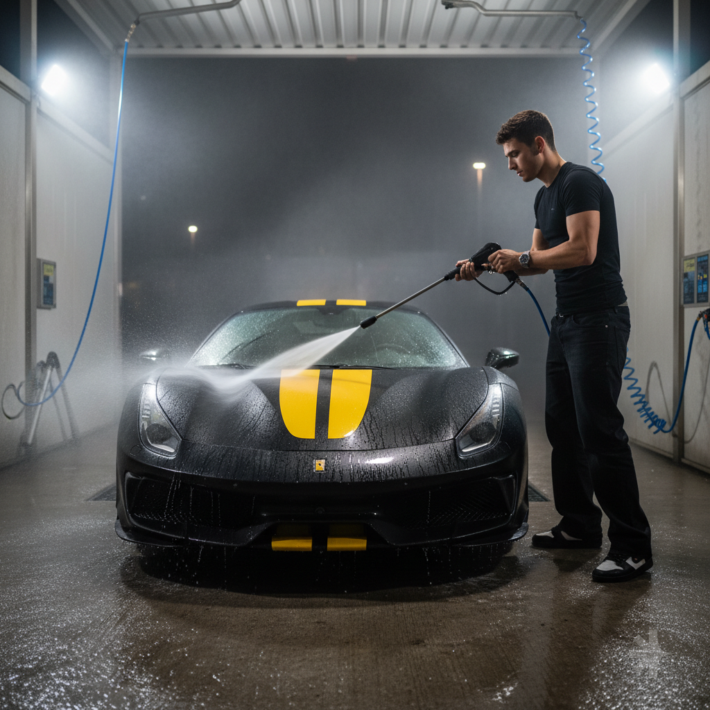 Ultra-realistic cinematic luxury photo of a Ferrari 488 Pista in matte black with yellow racing stripes parked inside a modern self-service car wash bay at night. The Ferrari is positioned in the middle of the wash bay with bright overhead LED lights reflecting on the wet concrete floor. A young man is washing the Ferrari using a high-pressure water washer gun, holding the pressure washer with both hands while spraying a powerful stream of water across the front of the car. Water splashes across the matte black bodywork and runs down the hood and front bumper. The yellow racing stripes on the Ferrari 488 Pista stand out clearly against the matte black paint while water droplets and mist reflect the bright lighting inside the wash bay. Outfit details: – black fitted t-shirt – black baggy jeans – Louis Vuitton designer sneakers Accessories: – luxury watch on wrist (Audemars Piguet Royal Oak) visible while holding the pressure washer. Environment: Modern self-service car wash with metal wash walls, hoses hanging from the ceiling, bright LED lighting, and water puddles on the ground reflecting the car and lights. Lighting: Bright overhead LED lights combined with cinematic flash lighting create dramatic reflections on the wet Ferrari body and highlight the aggressive design of the Ferrari 488 Pista. Atmosphere: Water mist and spray fill the air around the car, creating a cinematic luxury car wash scene. Camera style: Luxury automotive photography, shallow depth of field, ultra-detailed water droplets, cinematic lighting, hyper-realistic 8k quality. Image format: vertical 9:16 phone format