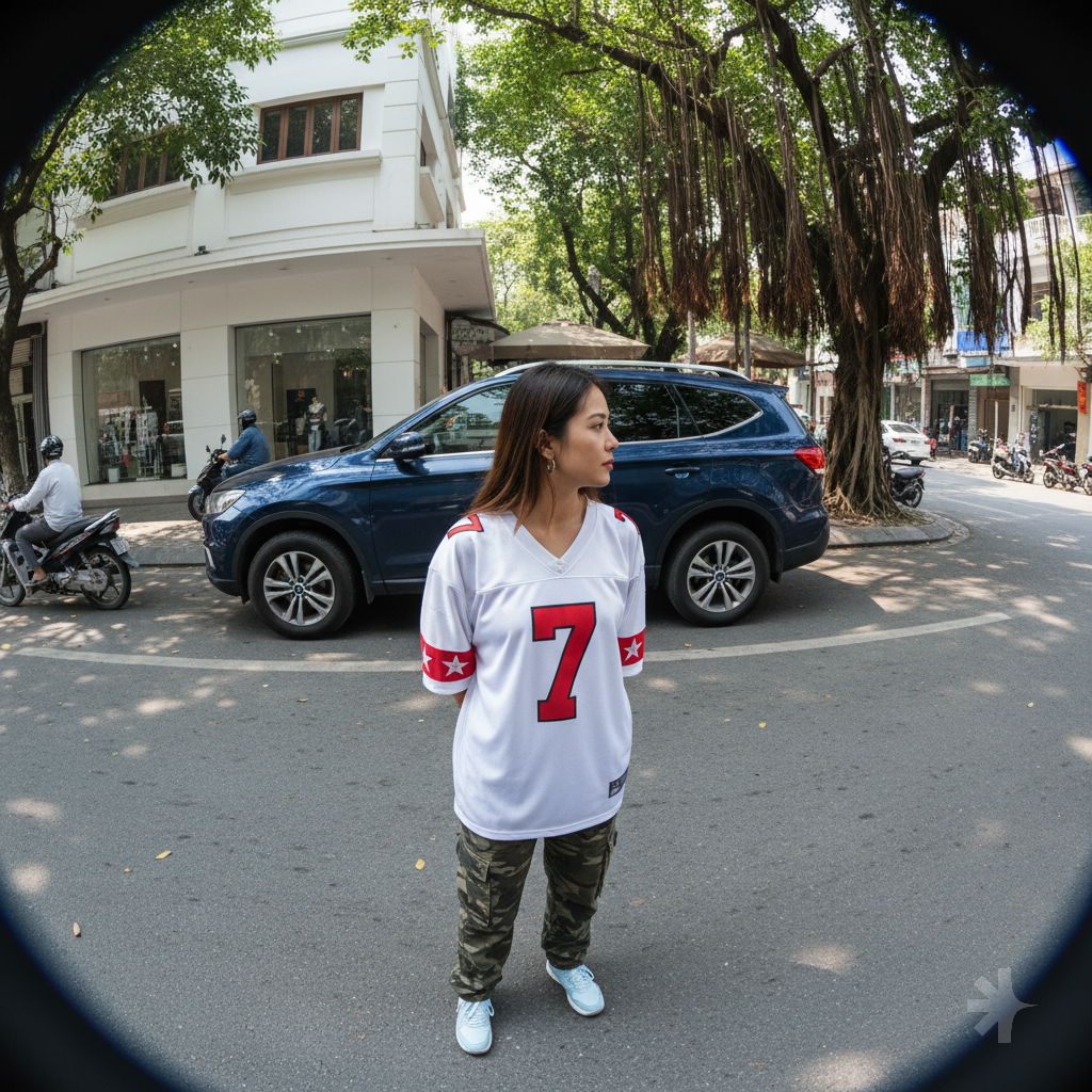 Make a Picture Ultrarealistic SUBJECT: a woman ANGLE: high angle looking down, wide-angle lens with slight edge distortion. handheld feel, slightly off-center framing. OUTFIT: oversized white sports jersey with red number seven and red star accents, camouflage cargo pants, light blue sneakers. POSE: standing upright with hands behind back, head tilted looking toward the right. ENVIRONMENT: busy city street next to a dark blue SUV. background includes a white storefront, a passing motorbike, and trees with hanging roots. LIGHTING: natural afternoon sunlight from the side. harsh shadows on the ground and slight overexposure on the white jersey fabric.