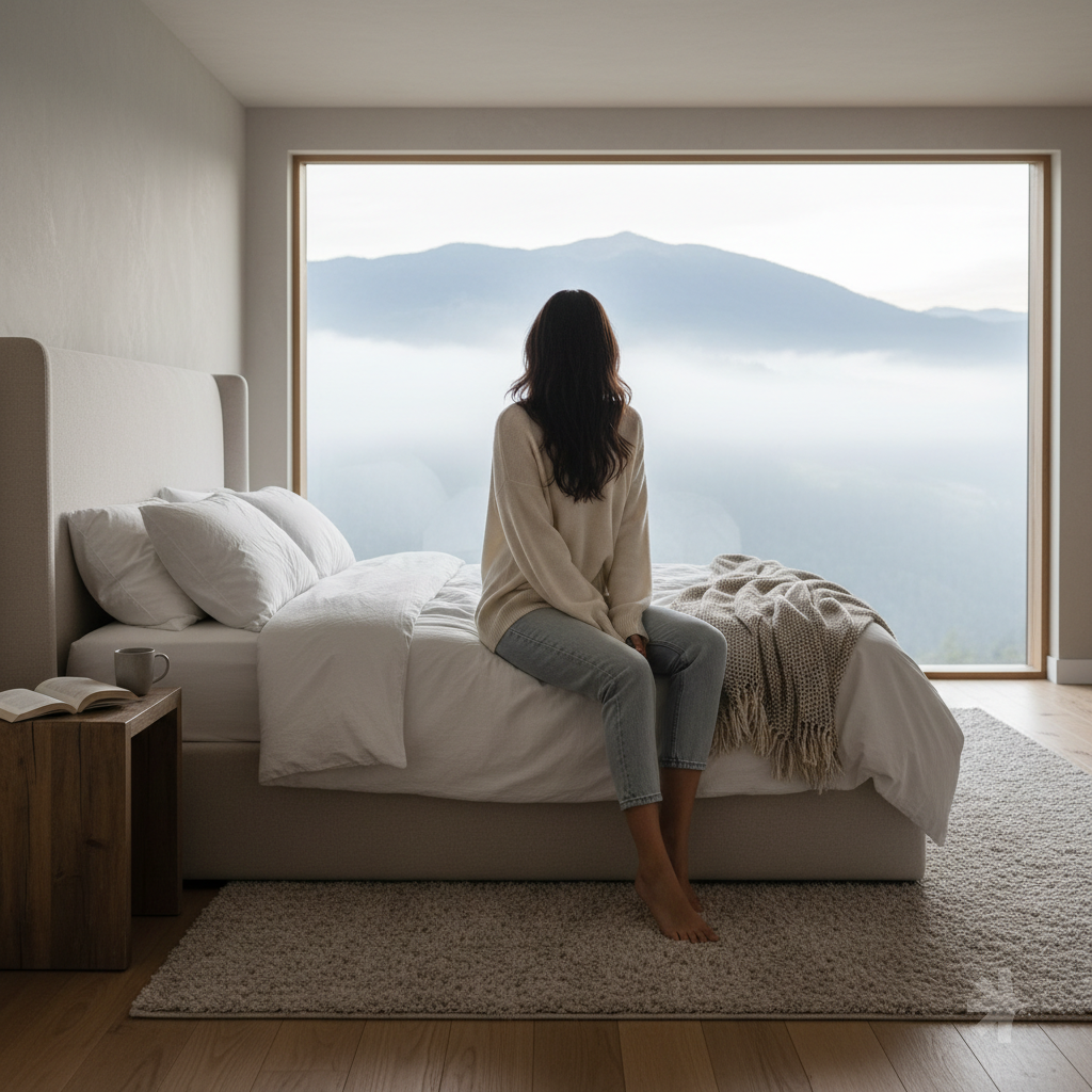 Rajoute une fille assise au rebord du lit de dos