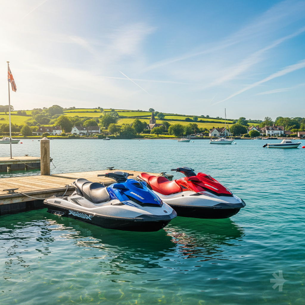 2 jet skis docked on a sunny day in England in the ratio 16:9