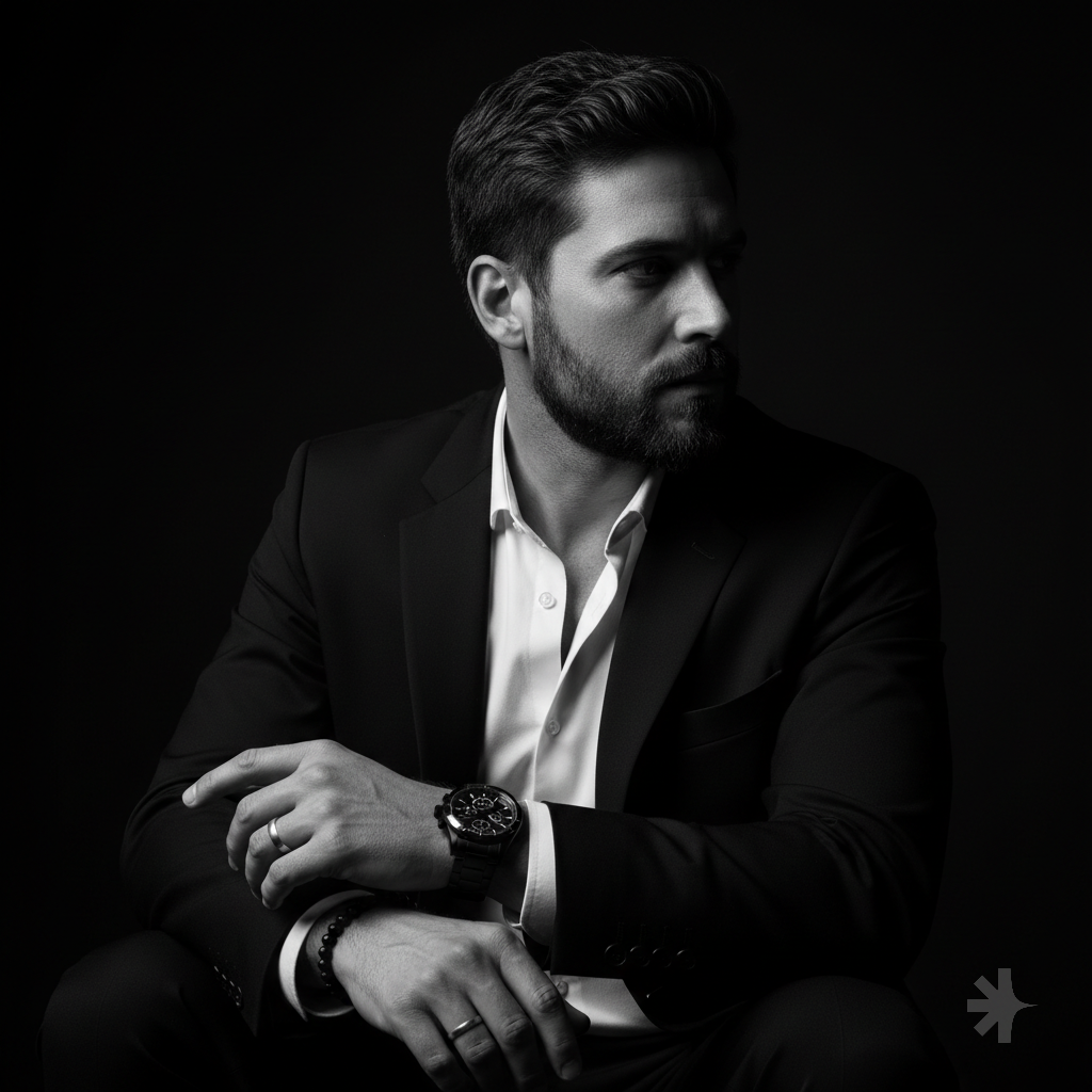 @Furkanw77k: A hyper-realistic 8K cinematic portrait of a uploaded person, captured in a dramatic Chiaroscuro style. The subject is seated at a three-quarter angle, leaning slightly forward with a relaxed yet commanding posture. His face is turned away from the lens, with one side of his face clearly illuminated while the other is completely lost in deep, velvety black shadows. His expression is contemplative, not looking at hand is positioned so only the fingers are visible, resting over the first. He wears a luxury black chronograph watch with a detailed metal link bracelet, a silver ring, and a beaded bracelet. His attire is a sharp black suit jacket over a white dress shirt with the top buttons open, showing refined fabric textures. The background is a solid, seamless black. The lighting is sharp and directional, highlighting the intricate details of his hair, the individual bristles of his beard, the moisture in his eyes, and the glint off the watch face. Cinematic black-and-white color grade with rich contrast and smooth, natural skin transitions. Shot on 85mm lens, f/1.8, high-resolution commercial photography. ar