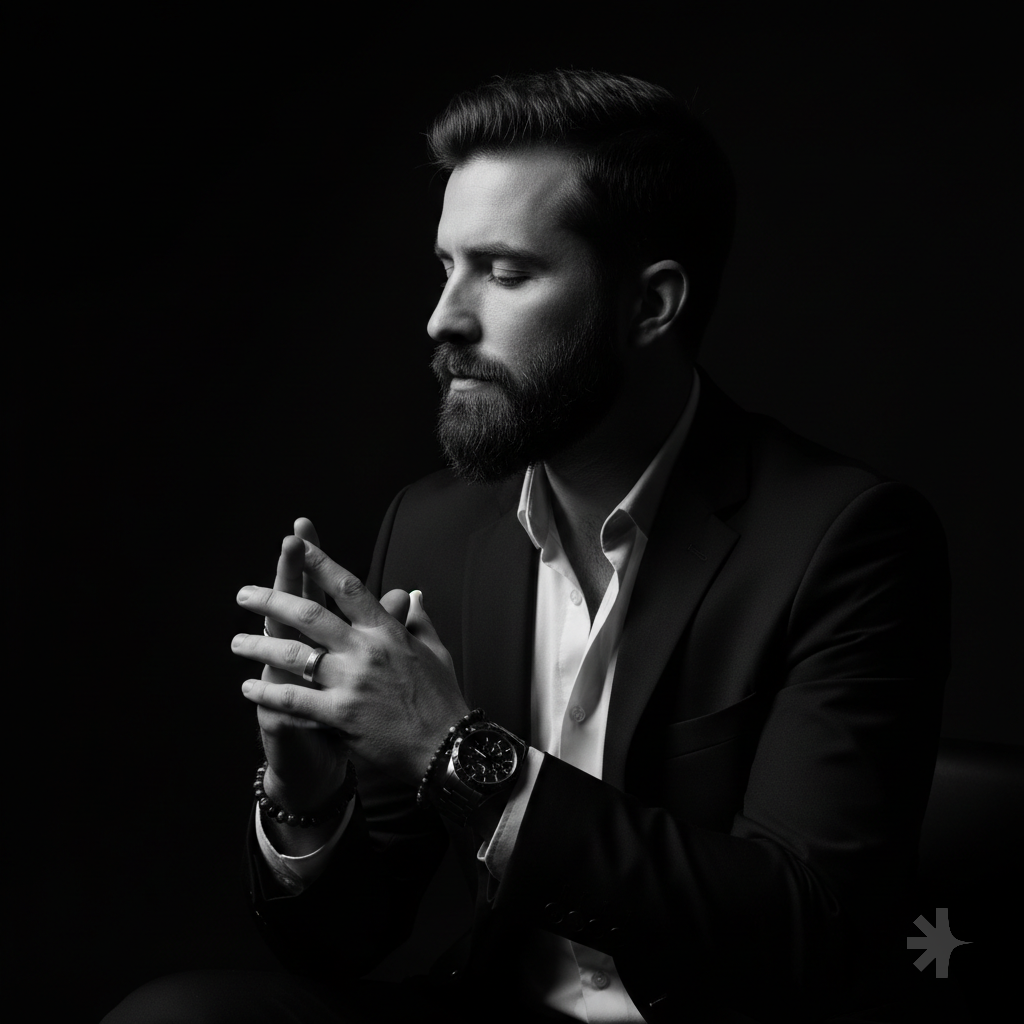 @Furkanw77k: A hyper-realistic 8K cinematic portrait of a uploaded person, captured in a dramatic Chiaroscuro style. The subject is seated at a three-quarter angle, leaning slightly forward with a relaxed yet commanding posture. His face is turned away from the lens, with one side of his face clearly illuminated while the other is completely lost in deep, velvety black shadows. His expression is contemplative, not looking at hand is positioned so only the fingers are visible, resting over the first. He wears a luxury black chronograph watch with a detailed metal link bracelet, a silver ring, and a beaded bracelet. His attire is a sharp black suit jacket over a white dress shirt with the top buttons open, showing refined fabric textures. The background is a solid, seamless black. The lighting is sharp and directional, highlighting the intricate details of his hair, the individual bristles of his beard, the moisture in his eyes, and the glint off the watch face. Cinematic black-and-white color grade with rich contrast and smooth, natural skin transitions. Shot on 85mm lens, f/1.8, high-resolution commercial photography. ar