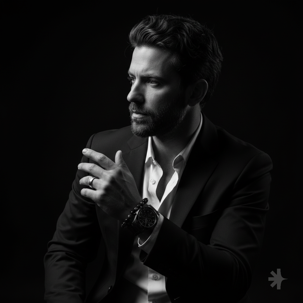A hyper-realistic 8K cinematic portrait of a uploaded person, captured in a dramatic Chiaroscuro style. The subject is seated at a three-quarter angle, leaning slightly forward with a relaxed yet commanding posture. His face is turned away from the lens, with one side of his face clearly illuminated while the other is completely lost in deep, velvety black shadows. His expression is contemplative, not looking at hand is positioned so only the fingers are visible, resting over the first. He wears a luxury black chronograph watch with a detailed metal link bracelet, a silver ring, and a beaded bracelet. His attire is a sharp black suit jacket over a white dress shirt with the top buttons open, showing refined fabric textures. The background is a solid, seamless black. The lighting is sharp and directional, highlighting the intricate details of his hair, the individual bristles of his beard, the moisture in his eyes, and the glint off the watch face. Cinematic black-and-white color grade with rich contrast and smooth, natural skin transitions. Shot on 85mm lens, f/1.8, high-resolution commercial photography. ar