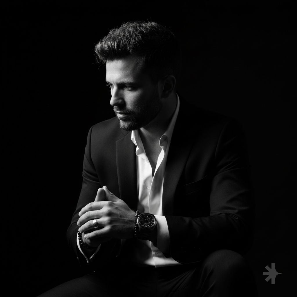 @Furkanw77k: A hyper-realistic 8K cinematic portrait of a uploaded person, captured in a dramatic Chiaroscuro style. The subject is seated at a three-quarter angle, leaning slightly forward with a relaxed yet commanding posture. His face is turned away from the lens, with one side of his face clearly illuminated while the other is completely lost in deep, velvety black shadows. His expression is contemplative, not looking at hand is positioned so only the fingers are visible, resting over the first. He wears a luxury black chronograph watch with a detailed metal link bracelet, a silver ring, and a beaded bracelet. His attire is a sharp black suit jacket over a white dress shirt with the top buttons open, showing refined fabric textures. The background is a solid, seamless black. The lighting is sharp and directional, highlighting the intricate details of his hair, the individual bristles of his beard, the moisture in his eyes, and the glint off the watch face. Cinematic black-and-white color grade with rich contrast and smooth, natural skin transitions. Shot on 85mm lens, f/1.8, high-resolution commercial photography. ar