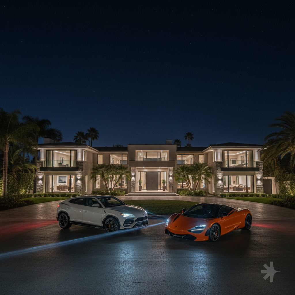 Use a big house on Beverly Hills as your base. Lower the lightning and exposure. Put a Lamborghini urus and a McLaren outside the house. Super realistic Aspect ratio 9:16 4k and make it be at night