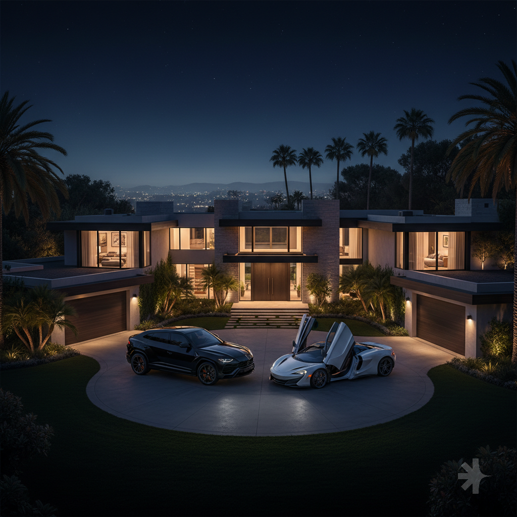 Use a big house on Beverly Hills as your base. Lower the lightning and exposure. Put a Lamborghini urus and a McLaren outside the house. Super realistic Aspect ratio 9:16 4k and make it be at night