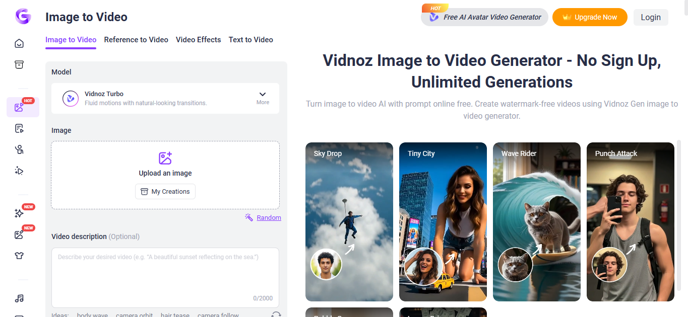 Vidnoz Image to Video interface with image upload and generation controls