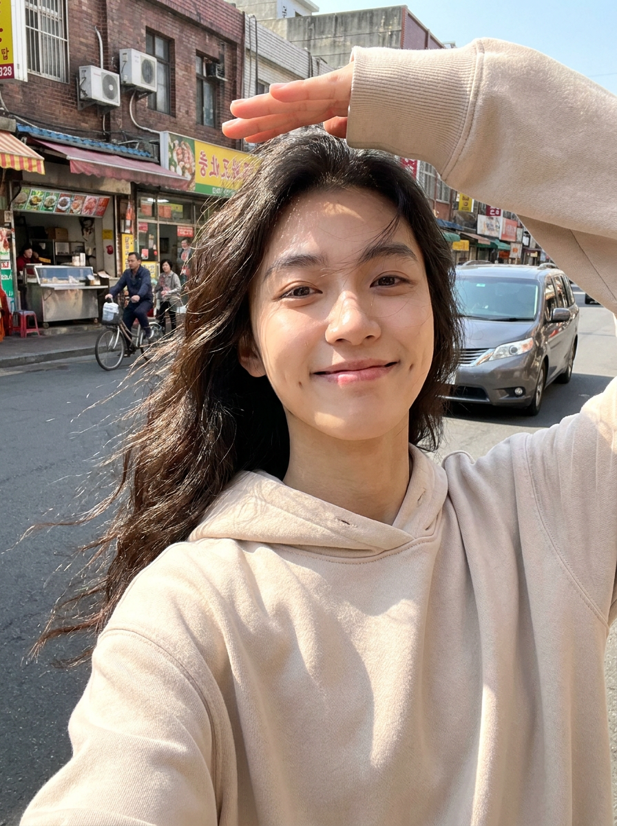 High‑resolution, vertical selfie‑style street portrait of a single person in bright daytime sunlight. The camera is very close, slightly below eye level, capturing the person from chest upward, filling most of the frame. The person is turned a little toward the left side of the frame, head tilted back slightly, looking at the camera with a big, joyful smile and visible dimples, giving a carefree, happy mood. The person has long, dark, wavy hair that is being blown by the wind toward the left side of the image, individual strands catching the light. The person wears a light beige or off‑white hoodie with the hood down. The fabric looks soft and casual, with visible seams and folds. The right arm of the person is raised above the forehead, palm facing downward, as if shielding the eyes from the strong sun. The hand creates a shadow line across the upper forehead while the rest of the face is strongly illuminated by warm, direct sunlight, producing bright highlights and soft shadows on the cheeks and neck. Background: a slightly busy urban street in the daytime, in sharp but less prominent focus than the person. On the right side of the road there is a gray minivan driving toward the camera. On the left side, there are small street shops and storefronts with awnings, signs, and open counters. Some people are visible: one person riding a bicycle, another standing by a stall, and others walking or working near the shops. The buildings are low‑rise, older style, with red brick and beige walls, windows, and some air conditioners mounted on the facades. The street surface is dark asphalt with lane markings; sunlight creates bright patches and long shadows. Lighting: strong, clear blue‑sky sunlight from above and slightly in front of the person, creating a vibrant, high‑contrast look with warm skin tones and shiny highlights in the hair. Colors include the off‑white hoodie, dark brown/black hair, gray asphalt, colorful shop fronts, and the metallic gray car. The overall mood is cheerful, candid, and lively, with a casual outdoor city atmosphere and a natural, spontaneous selfie composition.