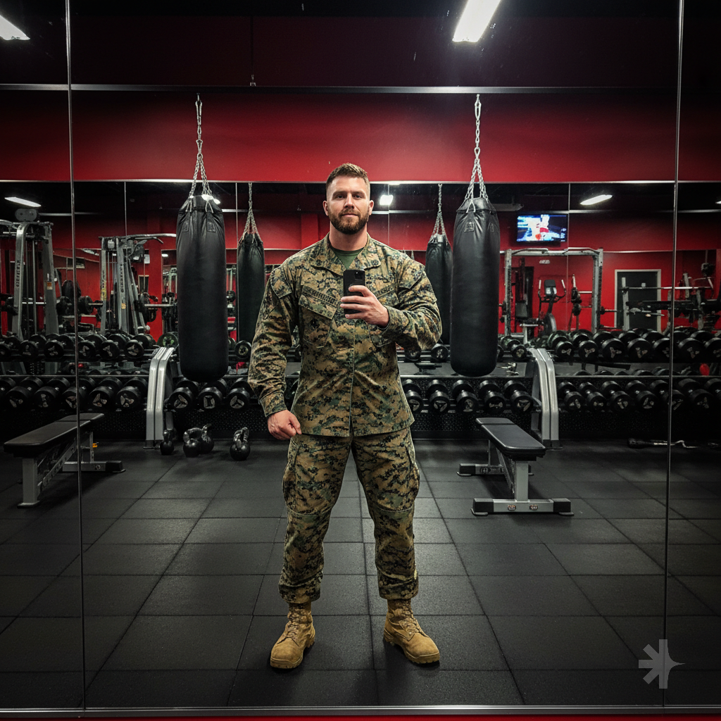 A bearded man with short brown hair, athletic build, standing in a gym with red walls and mirrors, wearing full US Marine Corps MARPAT woodland camouflage combat utility uniform (MCCUU), including camouflage blouse and trousers, tan combat boots, standing confidently in a modern fitness gym with punching bags and exercise equipment visible in the background, realistic photography style, mirror selfie perspective, high detail, dramatic gym lighting