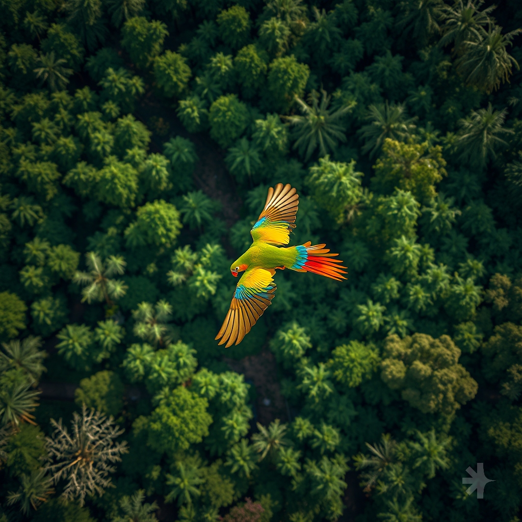 parrot is flying over the forest aerial view