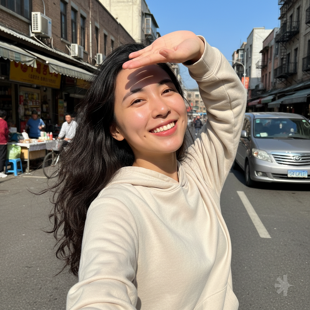 High‑resolution, vertical selfie‑style street portrait of a single person in bright daytime sunlight. The camera is very close, slightly below eye level, capturing the person from chest upward, filling most of the frame. The person is turned a little toward the left side of the frame, head tilted back slightly, looking at the camera with a big, joyful smile and visible dimples, giving a carefree, happy mood. The person has long, dark, wavy hair that is being blown by the wind toward the left side of the image, individual strands catching the light. The person wears a light beige or off‑white hoodie with the hood down. The fabric looks soft and casual, with visible seams and folds. The right arm of the person is raised above the forehead, palm facing downward, as if shielding the eyes from the strong sun. The hand creates a shadow line across the upper forehead while the rest of the face is strongly illuminated by warm, direct sunlight, producing bright highlights and soft shadows on the cheeks and neck. Background: a slightly busy urban street in the daytime, in sharp but less prominent focus than the person. On the right side of the road there is a gray minivan driving toward the camera. On the left side, there are small street shops and storefronts with awnings, signs, and open counters. Some people are visible: one person riding a bicycle, another standing by a stall, and others walking or working near the shops. The buildings are low‑rise, older style, with red brick and beige walls, windows, and some air conditioners mounted on the facades. The street surface is dark asphalt with lane markings; sunlight creates bright patches and long shadows. Lighting: strong, clear blue‑sky sunlight from above and slightly in front of the person, creating a vibrant, high‑contrast look with warm skin tones and shiny highlights in the hair. Colors include the off‑white hoodie, dark brown/black hair, gray asphalt, colorful shop fronts, and the metallic gray car. The overall mood is cheerful, candid, and lively, with a casual outdoor city atmosphere and a natural, spontaneous selfie composition.