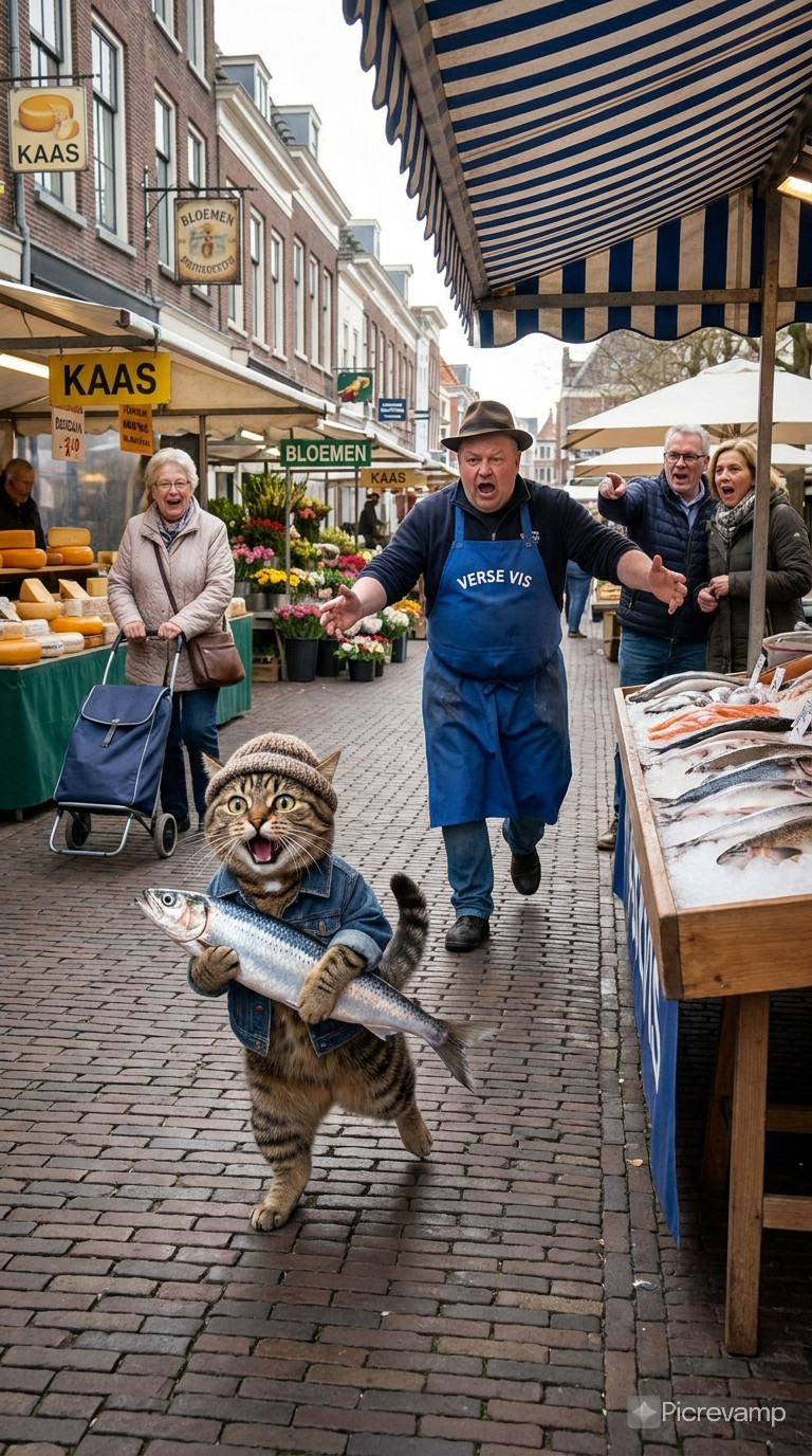 A photorealistic, ultra detailed, humorous scene on a bustling dutch street market. A tabby cat anthropomorphized, running on two legs while tightly hugging a large, shiny silver fish. The cat has a determined, dramatic facial expression with wide eyes and an open mouth, as if mid-shout. Behind the cat, a shocked fish vendor in an apron is chasing after it, yelling. Fresh fishes are laid out on a market stall to the right, displayed on ice. The background features open stalls, market signs, and a few bystanders reacting in surprise. Dynamic lighting, rich details, cinematic composition, freeze-frame action shot, expressive motion blur, aspect ratio 916