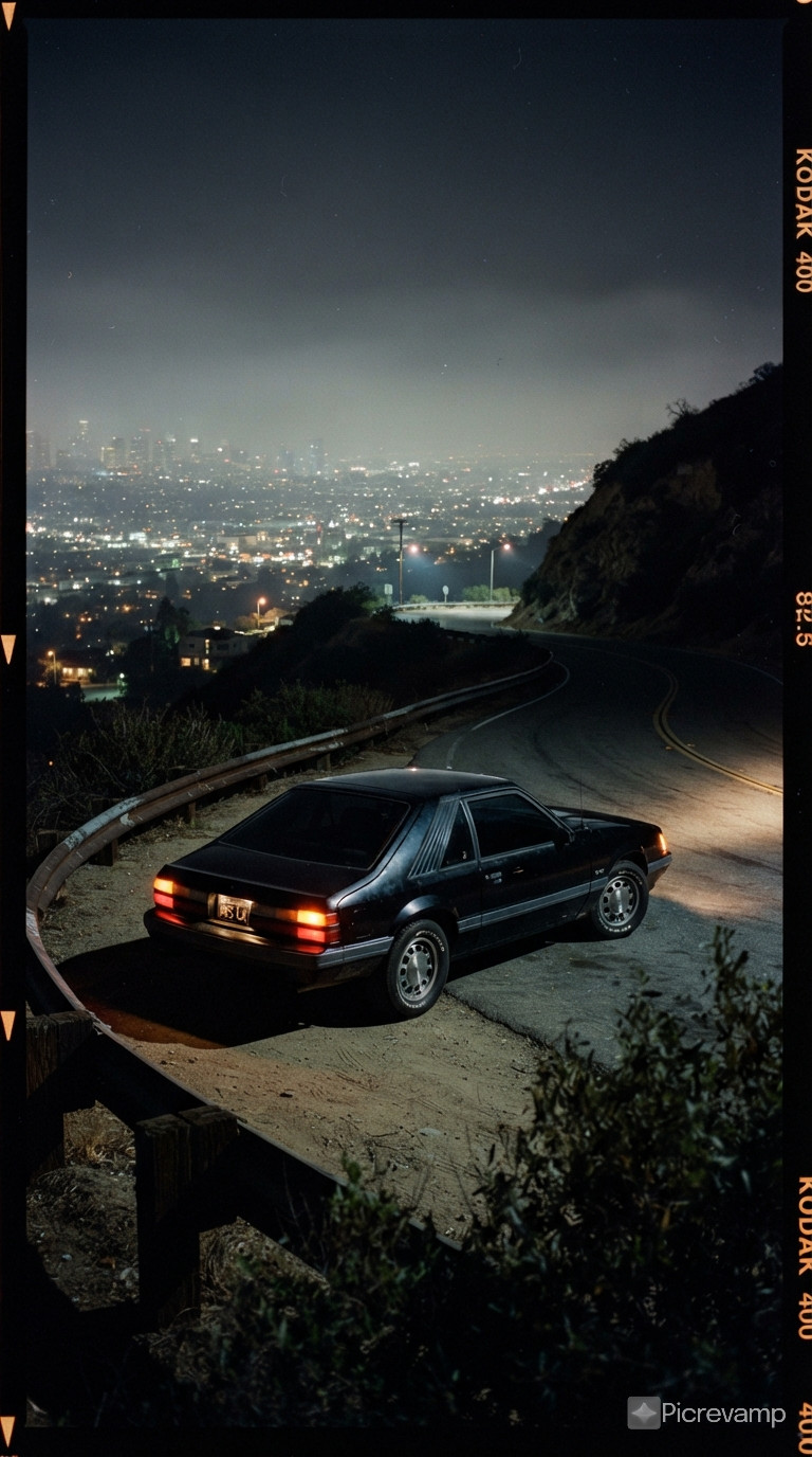 a car on a curved road of a peaceful back neighborhood of the city of Los Angeles in 1980s. It’s night. Car is looking over the city. It’s 1980s. Some liminal vibes. Black ford mustang. Little bit fog. Kodak shot
