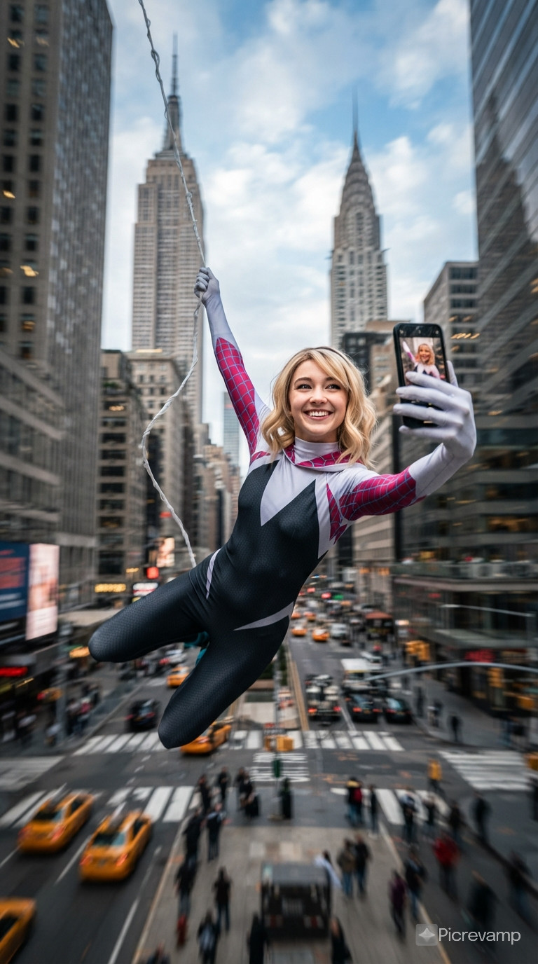 Spider-gwen taking a selfie while swinging through NYC, extreme motion blur, pretty face, beautiful shot