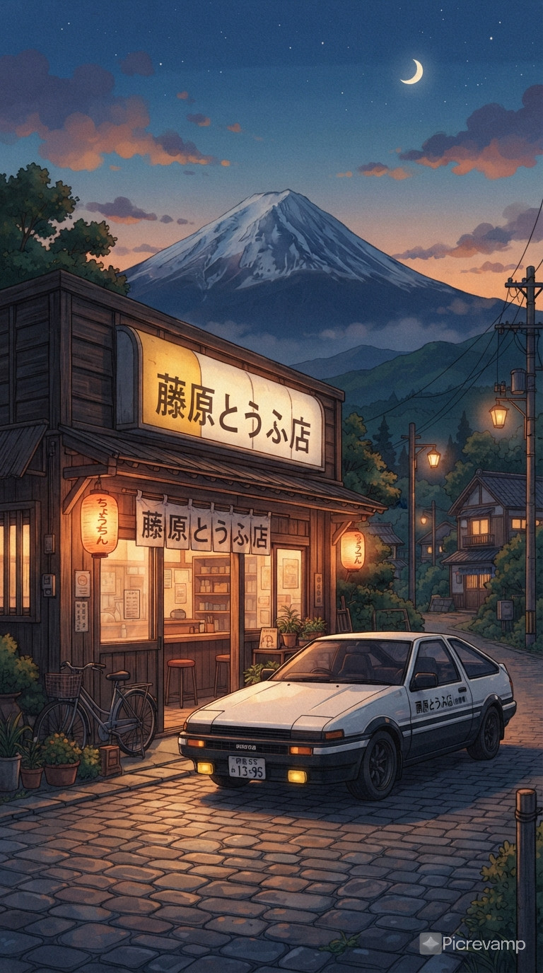 Studio Ghibli style, in the evening, a Toyota AE86 parked in front of Fujiwara Tofu Shop, warm lights, with Mount Fuji in the background. The camera is facing the facade of the shop, anime movie-level effect