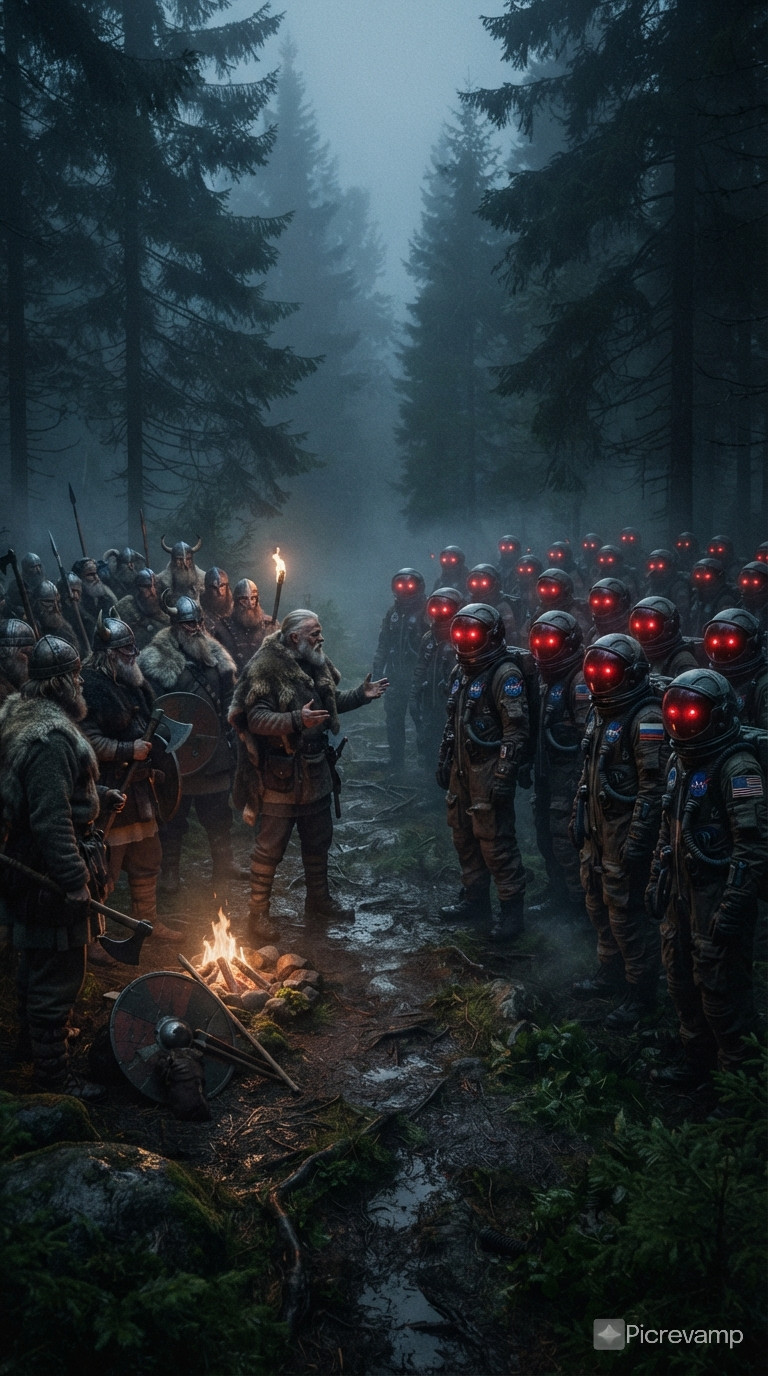 A group of 20 Viking elders, Canon 5D Mark II, soft dim natural light, midnight, talking to an army of Astronauts, with glowing deep set red eyes, in a very misty forest clearing.
