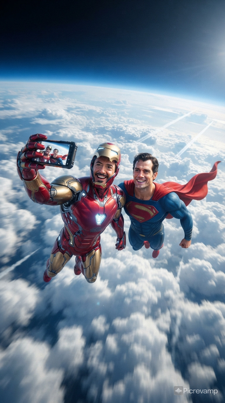 Iron Man taking a selfie with Superman in the sky far above the clouds