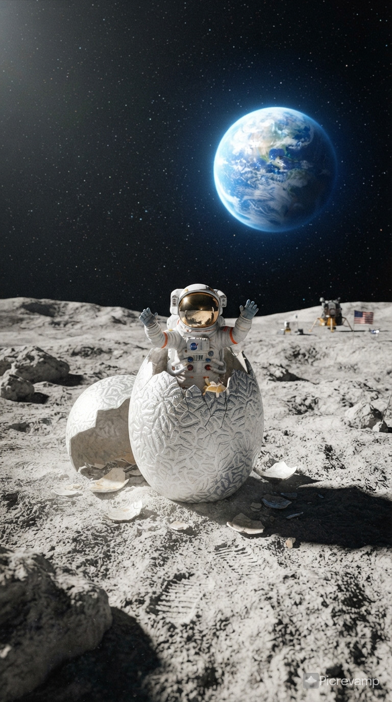 a tiny astronaut hatching from an egg on the moon