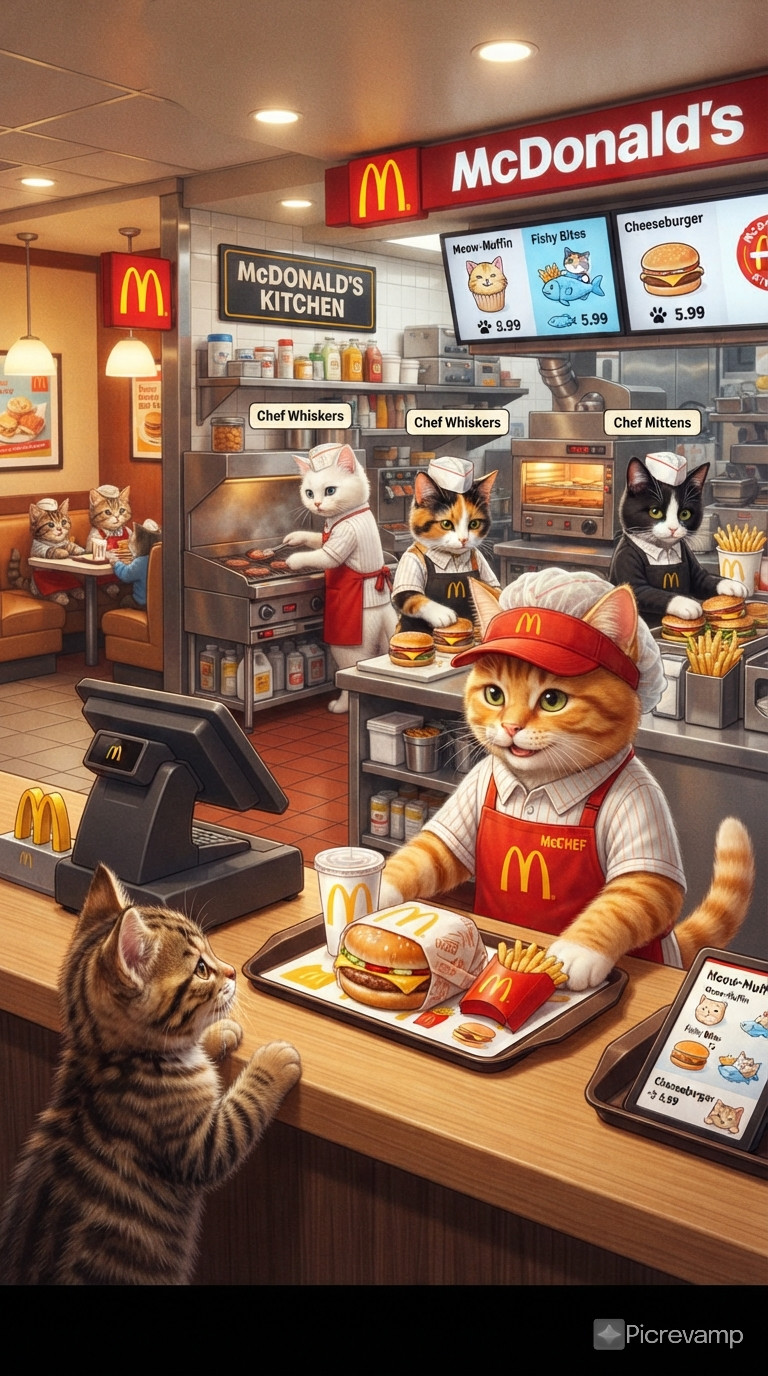 a Mc Donalds restaurant interior shot run by anthropomorphic cute little cats wearing McDonalds CHEF themed kitchen clothes. serving Cheeseburger