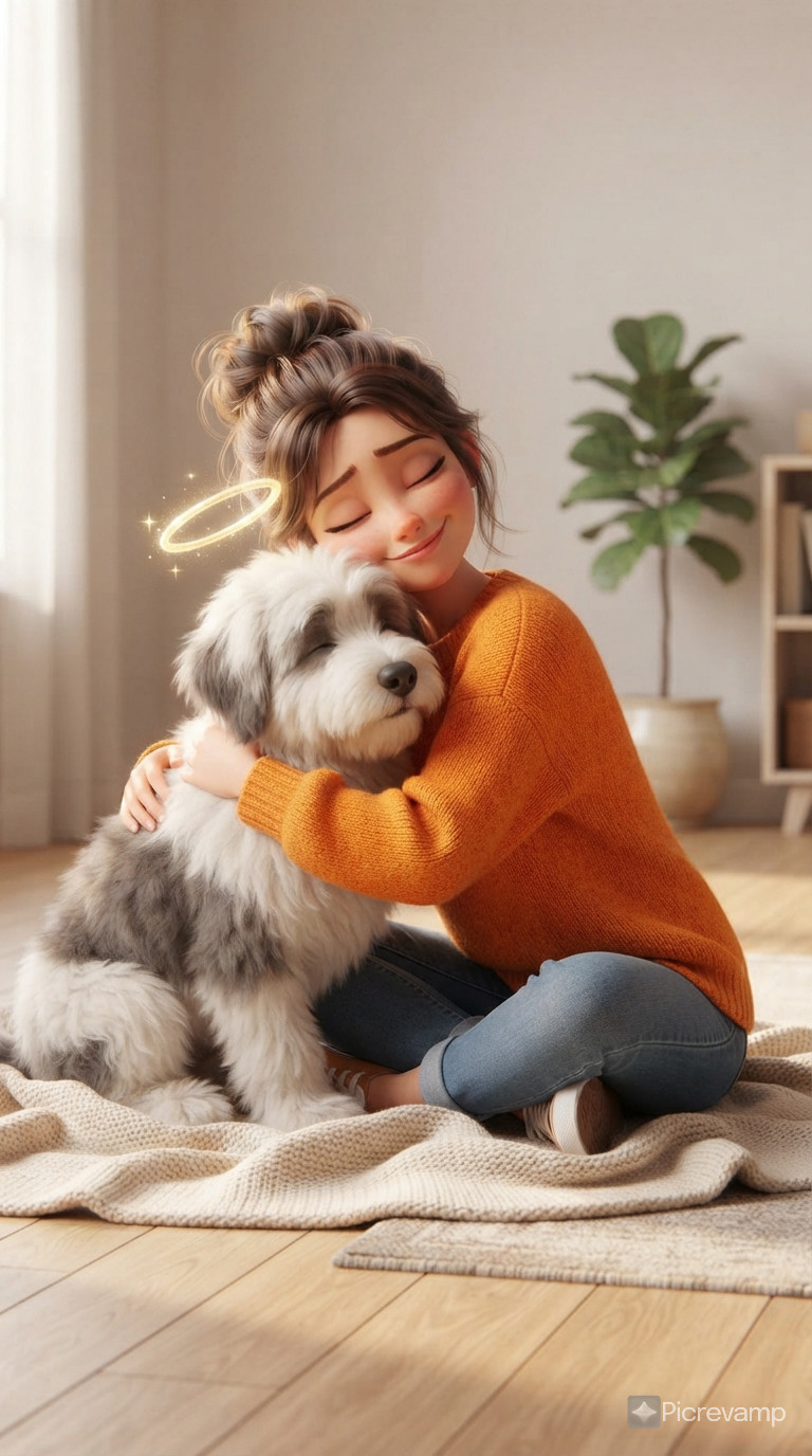 A young woman sitting on the ground, hugging a large dog with white fur and gray patches. The dog has a delicate angel halo floating above its head. The woman is wearing a vibrant orange sweater and blue jeans, with brown hair tied back. She is gently leaning against the dog, both of them calm and peaceful. 3D Pixar-style animation, featuring soft lighting, charming and slightly realistic textures. The scene conveys deep feelings of love, home, and comfort. Minimalist, clean background.