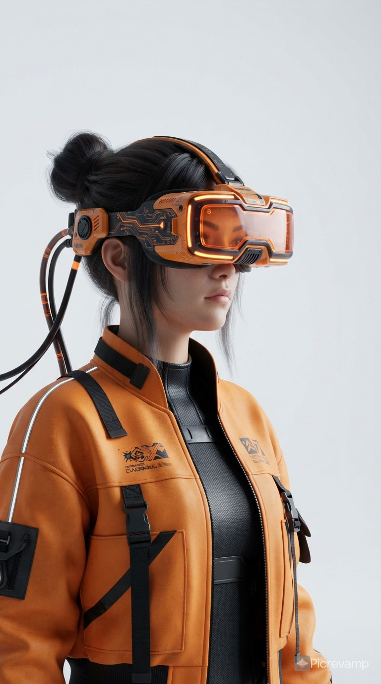 Girl in orange virtual glasses, vr helmet, sci-fi, cyberpunk, looking to the side, orange jacket, 3d render, render Cinema4d, white empty background
