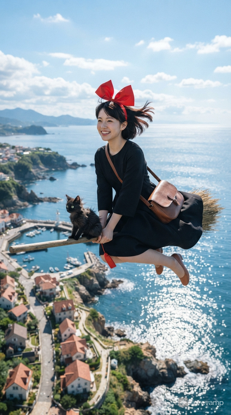 The high-resolution realistic portrait of Kiki in "The Witch Home Delivery Service" depicts a young Japanese beauty cosplayer, with delicate facial features, flowing skin, delicate facial texture, and light and natural makeup, she is relaxed riding a broomstick through the sunny sky wearing a red bow on her head, wearing a black dress and carrying a brown leather satchel on her back, flying on a broomstick with the black cat Gigi, their figures soar over the sparkling coastal water, dynamic wind effects