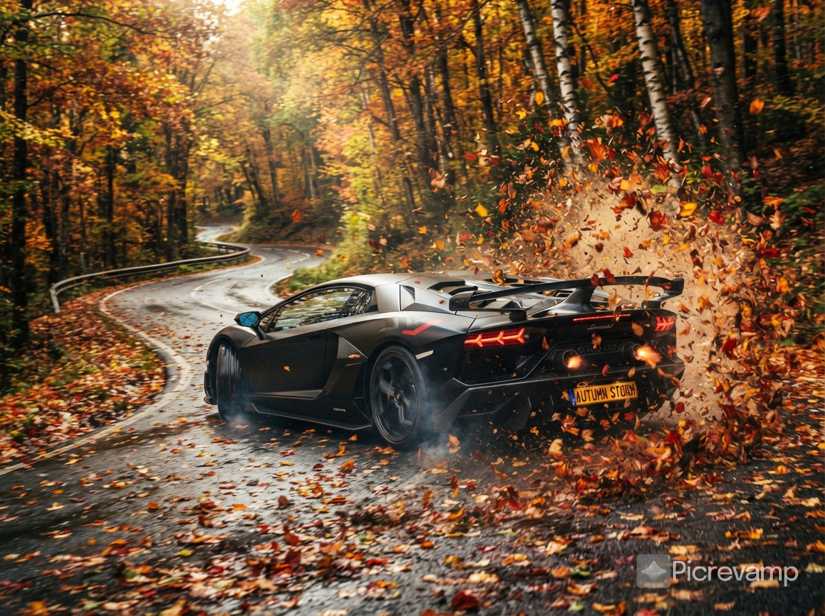A matte black sports car tears through a dense autumn forest, leaves exploding into the air behind it in a vibrant storm of gold, orange, and red. The camera chases tightly from just behind, weaving through trees at impossible speeds, dipping low with every sharp drift. Sunlight filters through the canopy in golden shafts, briefly lighting up the windshield like a spark of fire. The road is narrow, winding, slick with fallen leaves. Tires screech, birds scatter. The car blurs briefly with motion, then snaps into focus as it bursts around corners. Shot in ultra-realistic, high-frame-rate slow motion with rich cinematic depth and hyper-saturated fall colors.
