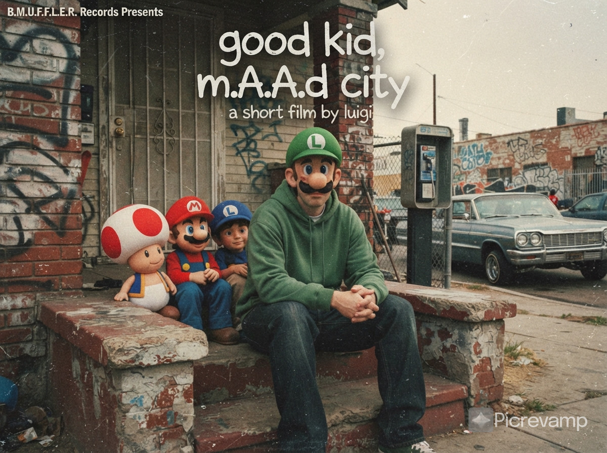 good kid maad city kendrick lamar style album cover art but its luigi