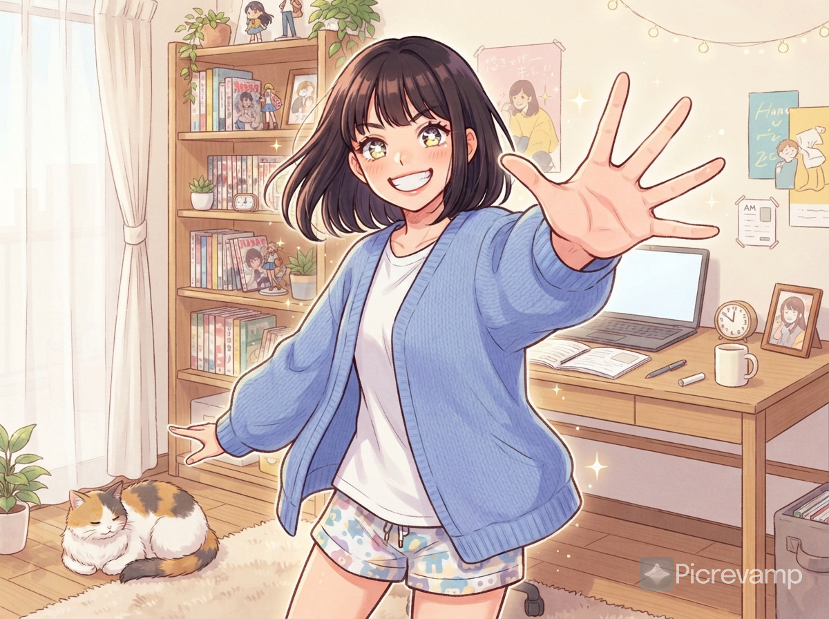 Japanese anime-style illustration of a lively woman with short hair and straight-cut bangs. She dramatically extends her open hand forward, with an exaggerated, cheerful manga-style smile, as if enthusiastically insisting "5 minutes". Her eyes sparkle brightly with lively energy. Behind her are a bookshelf, a desk, and a clock, forming a cozy and relaxed interior scene. A cat sits quietly nearby, adding warmth and charm. The color palette is vivid and pop-inspired, with cheerful tones, but the overall mood remains calm and soothing. The composition features clean, expressive linework and soft shading, balancing vibrant energy with a gentle atmosphere.