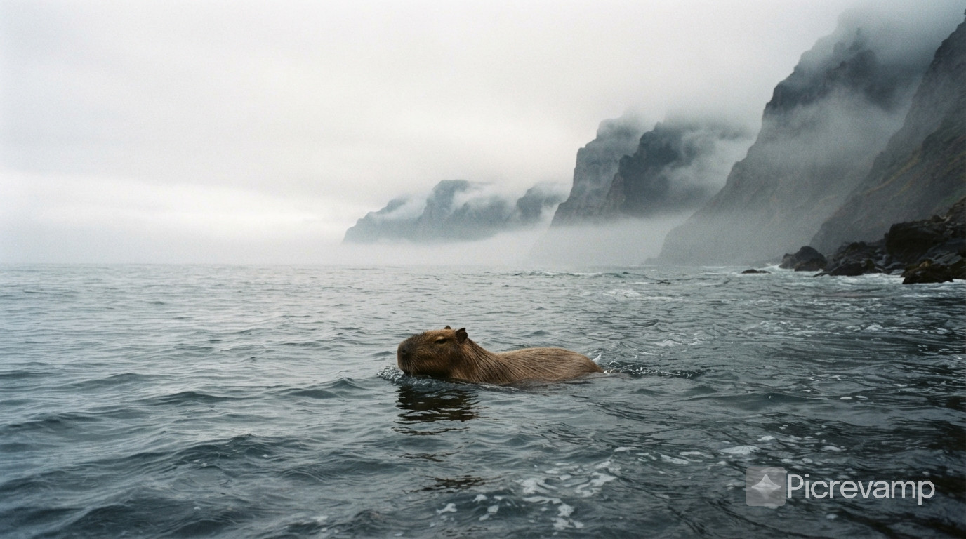 a cute capybara swimming in the ocean, portra 400, wide angle shot, majestic fog