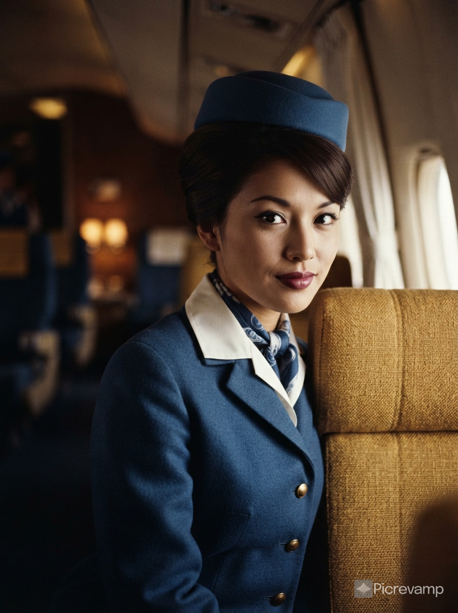 portrait of a sensual japanese stewardess on PAN AM AIRWAYS. natural lighting, cozy background, moody atmosphere, emphasis on her lips. maxim magazine style photo.