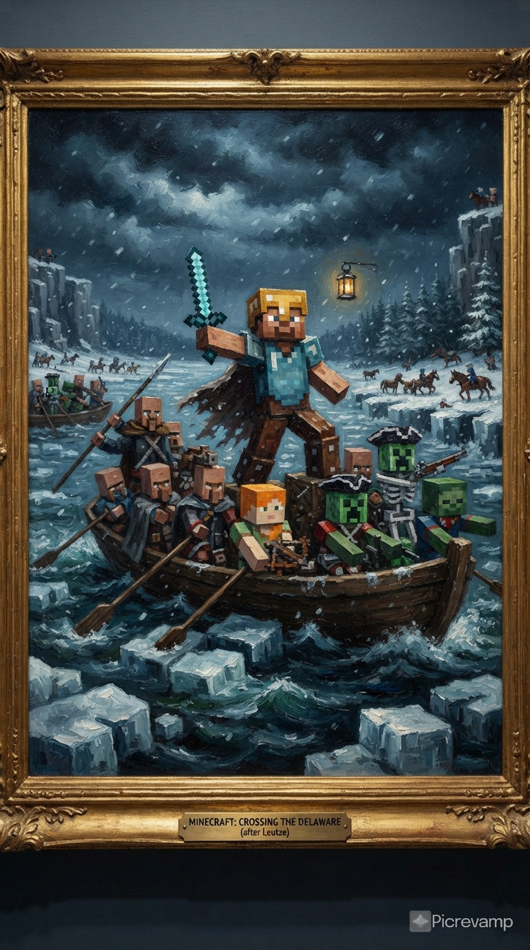 micecraft characters replacing george washington in the famous crossing the delaware photo. oil painting