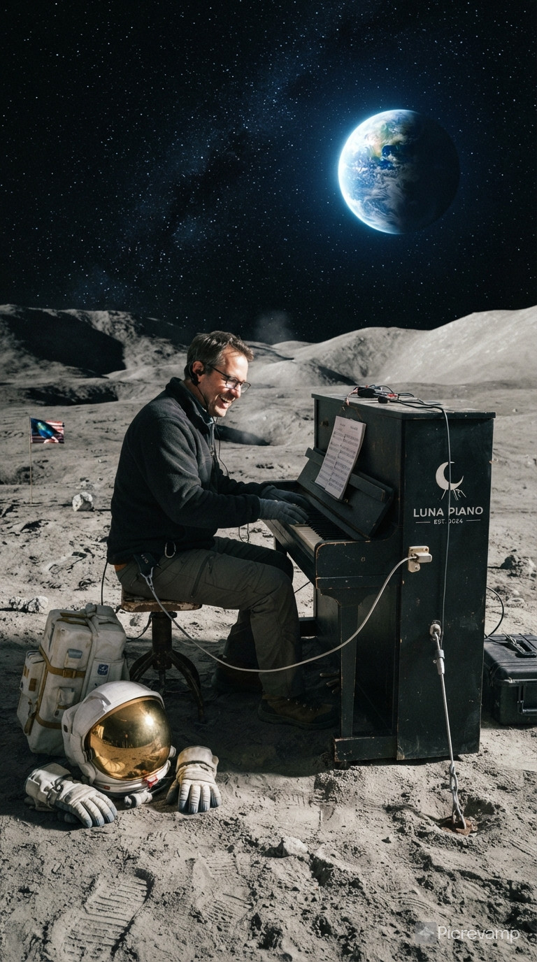 a normal person play piano in the moon