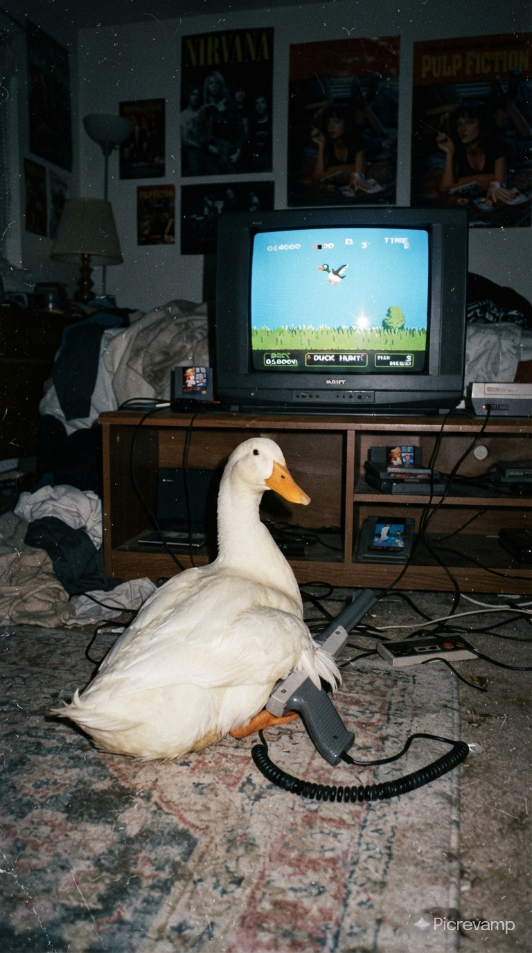 Grungy analog photo of a duck playing duckhunter on a 90s CRT TV in a dimly lit bedroom. They are sitting on the floor in front of the TV, looking back at the camera taking the photo. Flash photography, unedited.