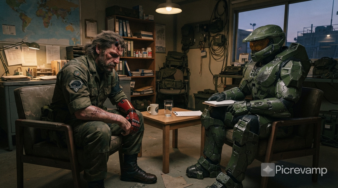 Venom Snake from Metal Gear Solid 5 receiving therapy from master chief. realistic