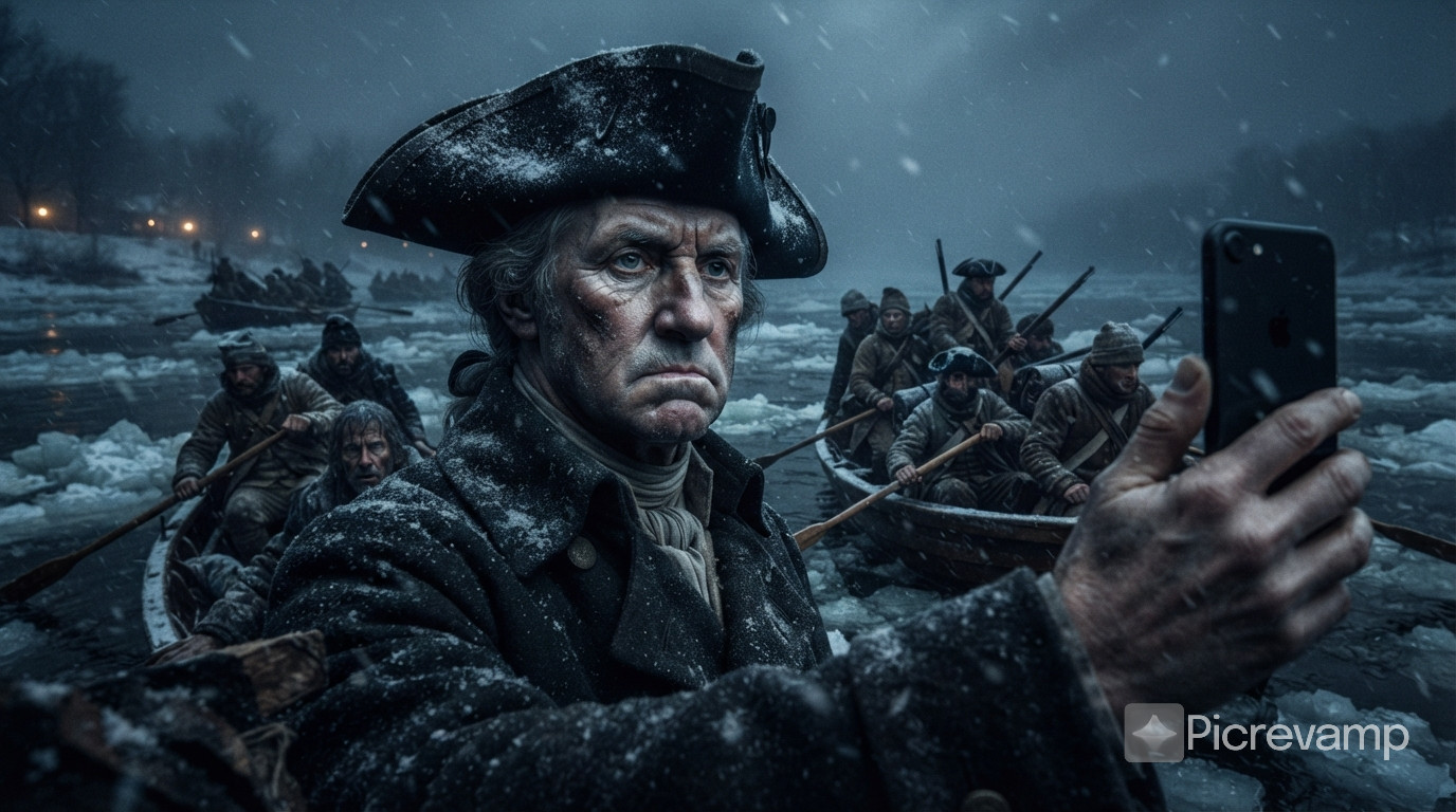 The selfie that was found on George washington's iPhone. It was taken as he was crossing the delaware river with his soldier during the freezing winter. He used a wide angle on his phone. selfie POV, wide angle