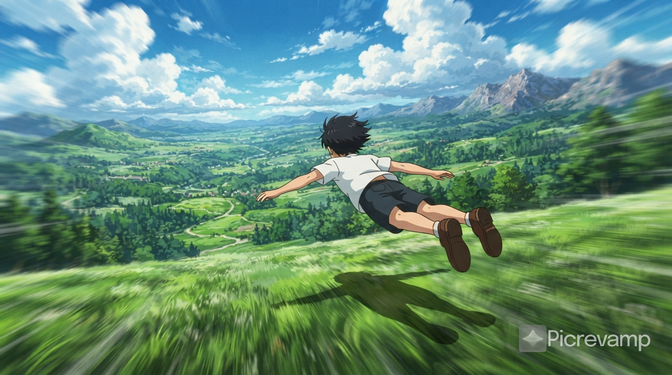 Extreme low-angle wide-angle medium close-up follow shot , skimming the grassy ground , dominating the frame is an anime boy with short dark hair (white t-shirt, dark shorts, brown shoes), back to camera , body outstretched , gliding smoothly forward at low altitude , suspended in air , casting a distinct shadow on the ground below . Background shows a vast lush green valley with dense grass and dark green forests, rolling mountains in the distance with a winding path. Vibrant blue sky with large fluffy white clouds. Strong dynamic motion blur creating a sense of intense speed and perspective depth . Japanese anime film style , vivid colors , rich details , bright summer daylight , adventurous atmosphere .