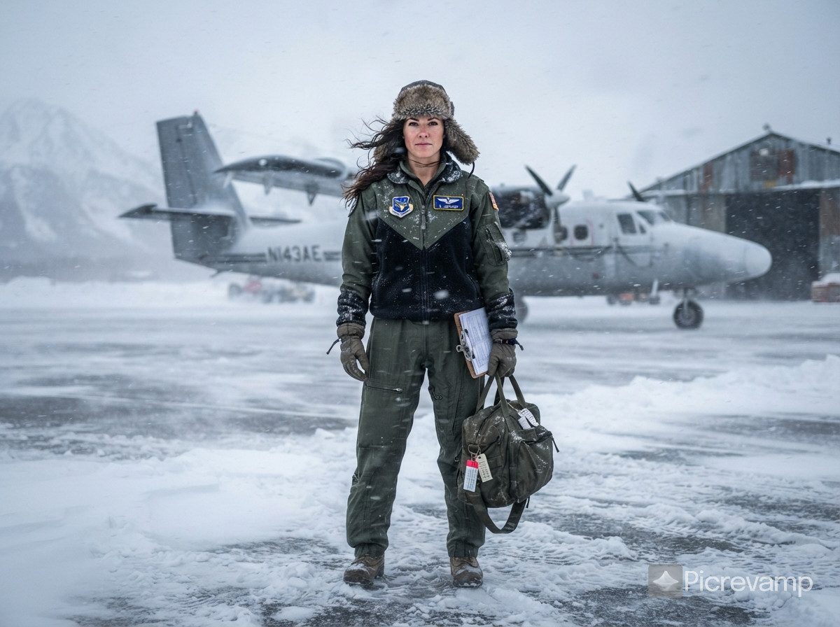 A beautiful brunette pilot girl, beautiful, moody lighting, best quality, full body portrait, real picture, intricate details, depth of field, in a cold snowstorm, , Fujifilm XT3, outdoors, bright day, Beautiful lighting, RAW photo, 8k uhd, film grain
