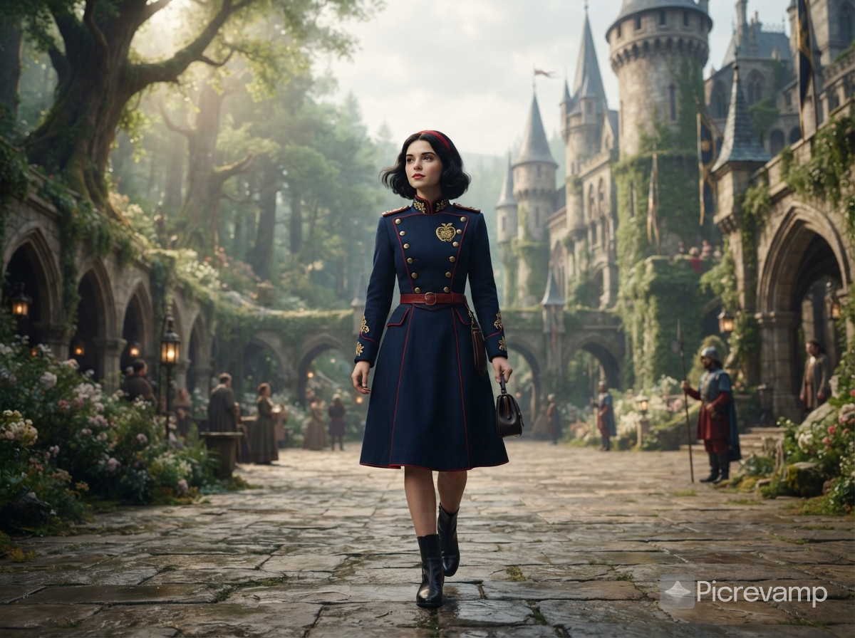 Snow White, gracefully walking across an enchanted royal courtyard, traditional Germanic navy blue and red military uniform with gold accents, apple insignia, polished black boots, dark bobbed hair with red headband, pure and strong expression, full-body view, fairytale castle and forest background, cinematic soft lighting