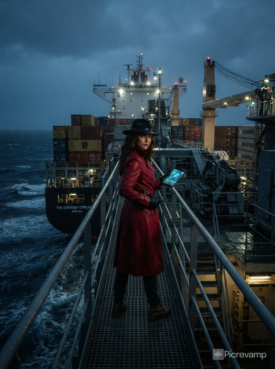 Create a ultra high definition image of a replica of carmen sandiego on a Cargo Ship with aspects of "secret agent" settings from a hollywood movie.