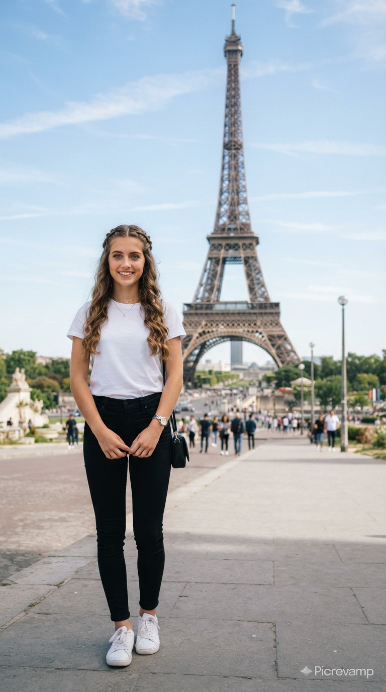 take a full-length photo of a girl in front of a tower in a white T-shirt with black pants, blue eyes and a beautiful hairstyle'