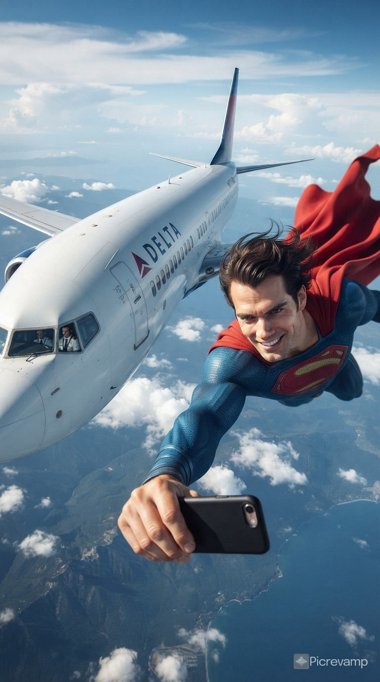 Superman flying alongside a plane, this is a selfie, his arm reaching towards the camera, you can see the pilot inside the plane.