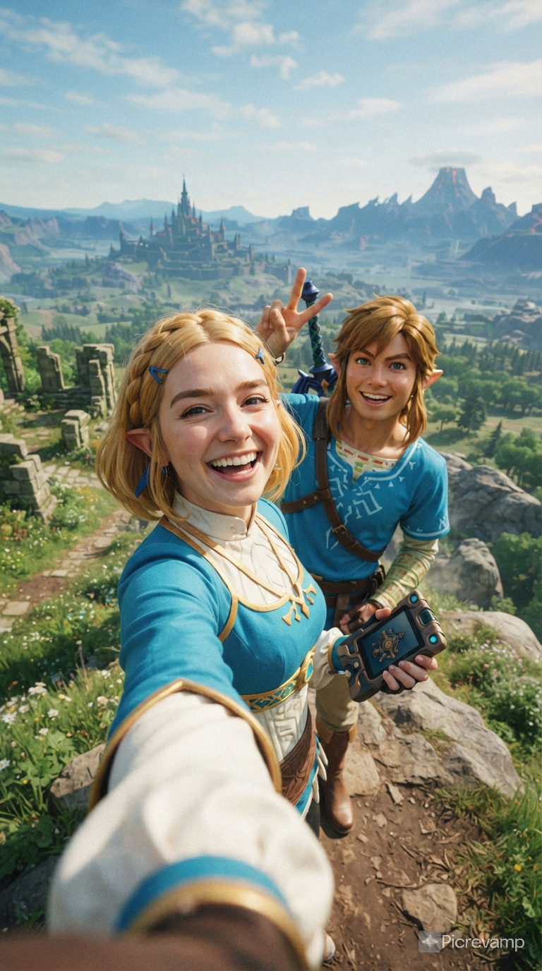 Zelda from breath of the wild, selfie POV, behind her is Link giving a peace sign, they are both smiling, hyrule in the background